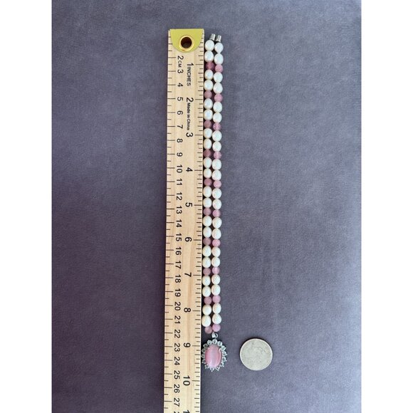 Pink & White Pearl Necklace With Rose Quartz Pendant & Rhinestones 18-Inch Lengt - Picture 4 of 6